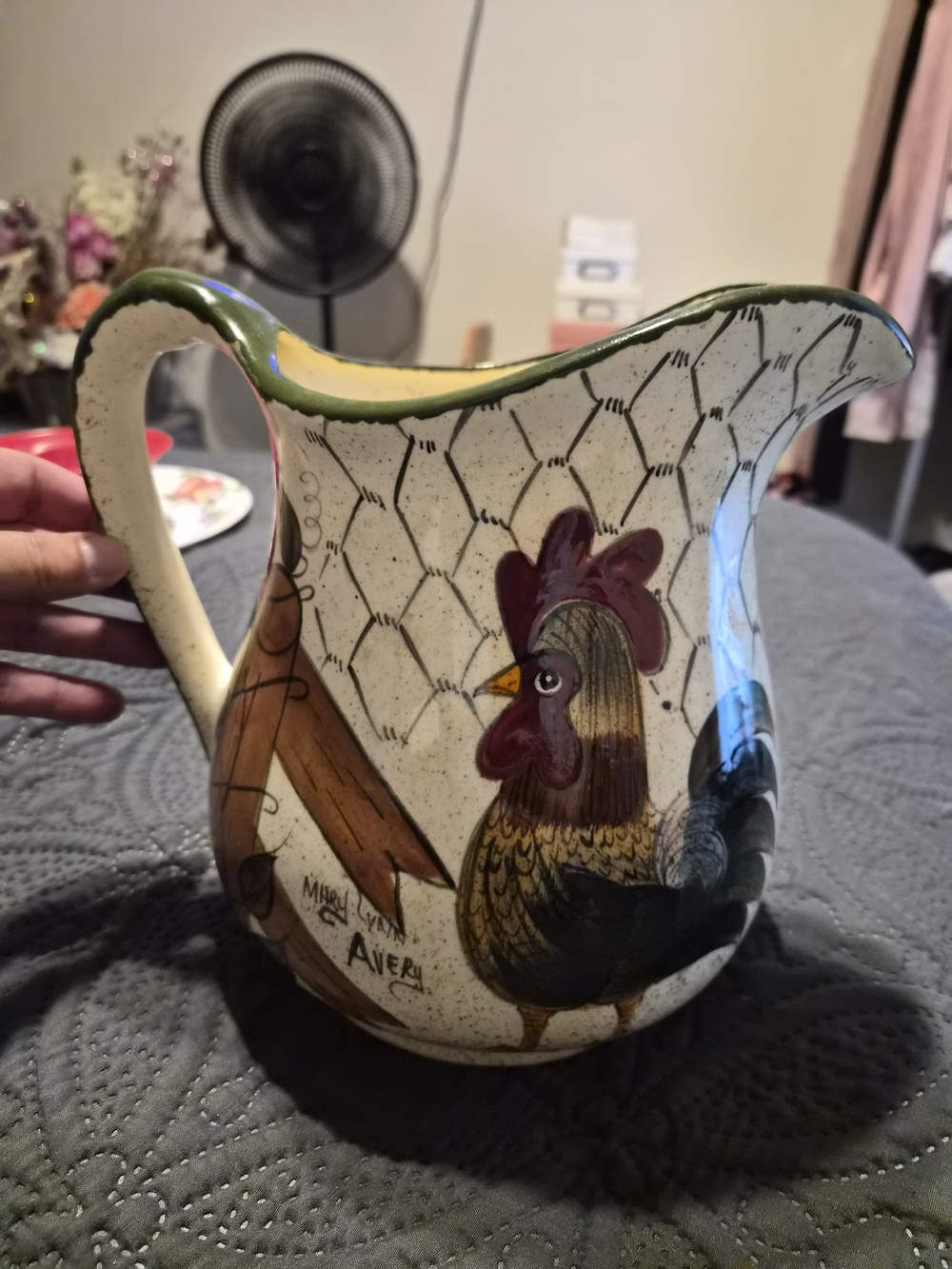 ​Mary Lynn Avery Signed Hand Painted Rooster Pitcher Folk Art Ceramic Farmhouse